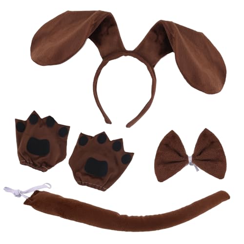 PEUTIER Welpe Hundekostüm Zubehör Set, Stirnband Hundeohren Schwanz Fliege Handschuhe Tierkostüm Kinder Erwachsene Halloween Cosplay Kostüm Dekoration Partyzubehör von PEUTIER