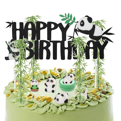 Panda-Geburtstagskuchenaufsatz, Happy Birthday-Kuchenaufsatz mit Bambus Schwarz-Weiße Happy Birthday-Kuchendekoration mit 5 Süßen Panda-Ornamenten für Frauen und Mädchen Babygeburtstag von PEUTIER