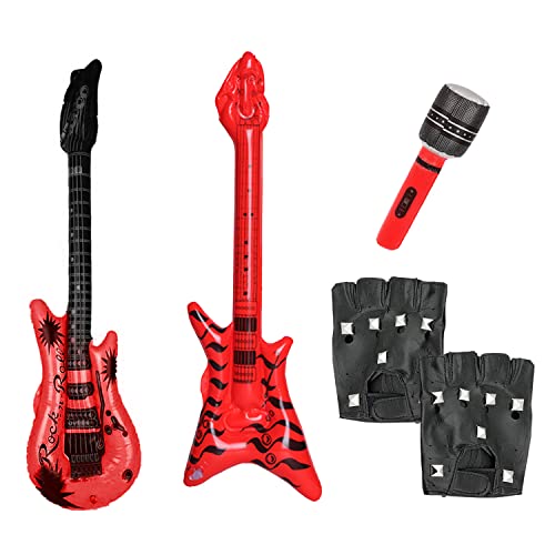 4-teiliges Punk-Rock-Party-Set, aufblasbare Gitarre, aufblasbarer Bass, Handschuhe aus PU-Leder mit Nieten, 70er-, 80er-, 90er-Jahre-Disco-Kleidungszubehör, Shows, Partys. von PFLYPF