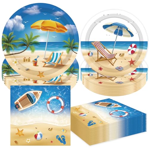 PGSWEER 36 Stück hawaiianische Strand-Thementeller, Servietten, Sommer, Strand, Surfen, Geschirr, Dekorationen, tropisches Aloha, Luau, Grill, Geburtstagsparty, Einweg-Geschirr von PGSWEER