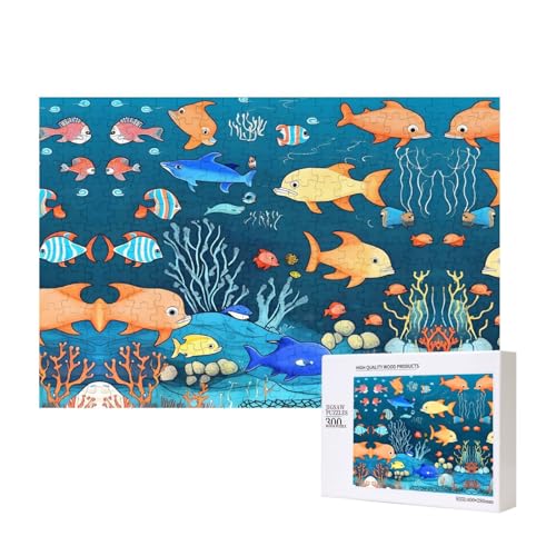 Blaue Unterwasserwelt der Fische, Puzzle, 300 Teile, Holzpuzzle für Familie, Freunde, Heimdekoration, Wandkunst, 15,7 x 27,9 cm von PHAYAH