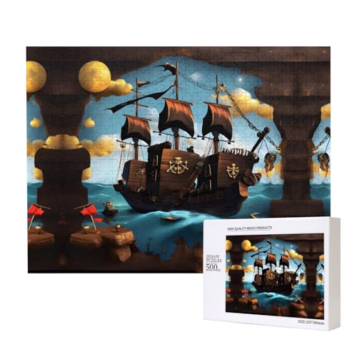 Cartoon-Puzzle, Piratenschiff-Puzzle, 500 Teile, Holzpuzzle für Familie, Freunde, Heimdekoration, Wandkunst, 20,4 x 38,1 cm von PHAYAH