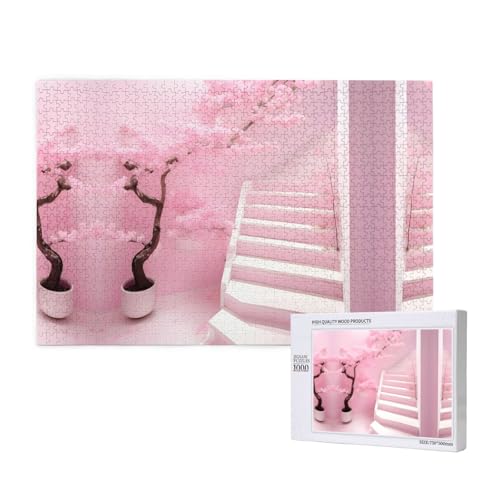 Cherry Blossom White Staircase Puzzles 1000 Teile für Puzzle, Holzpuzzle für Familie, Freunde, Heimdekoration, Wandkunst, 29,5 x 50 cm von PHAYAH