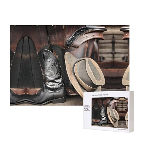 Cowboy-Holzpuzzle mit schwarzem Hut, Westernstiefel, 300 Teile für Puzzle, Holzpuzzle für Familie, Freunde, Heimdekoration, Wandkunst, 15,7 x 27,9 cm von PHAYAH