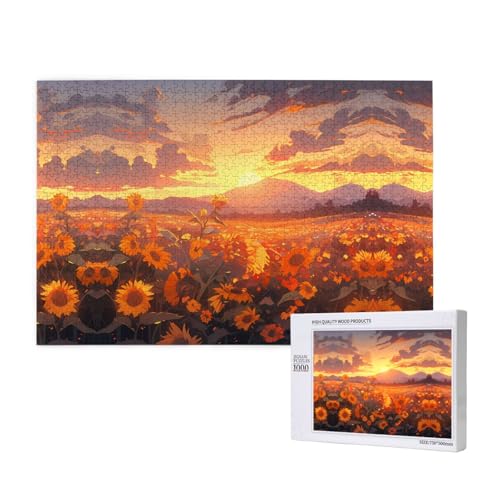 Gelbe Sonnenblumen bei Sonnenuntergang, Puzzle, 1000 Teile, Holzpuzzle für Familie, Freunde, Heimdekoration, Wandkunst, 29,5 x 50 cm von PHAYAH