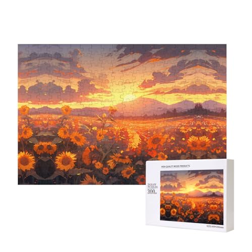 Gelbe Sonnenblumen bei Sonnenuntergang, Puzzle, 300 Teile, Holzpuzzle für Familie, Freunde, Heimdekoration, Wandkunst, 15,7 x 27,9 cm von PHAYAH