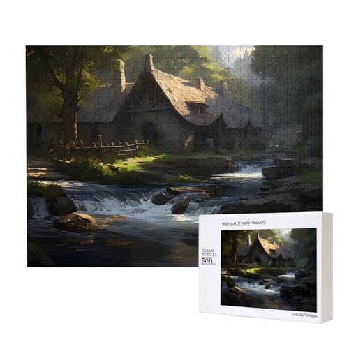 Holzpuzzle "Haus mit fließendem Wasser", 500 Teile, für Familie, Freunde, Heimdekoration, Wandkunst, 500 x 38 cm von PHAYAH