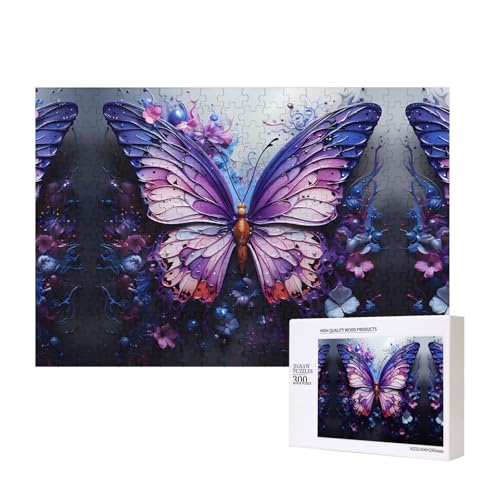 Lila Schmetterlings-Blumen-Puzzle, 300 Teile, für Puzzle, Holzpuzzle für Familie, Freunde, Heimdekoration, Wandkunst, 15,7 x 27,9 cm von PHAYAH