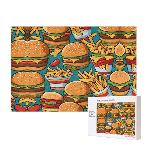 Niedliche Burger-Pommes-Frites-Puzzle, 300-teiliges Puzzle, Holzpuzzle für Familie, Freunde, Heimdekoration, Wandkunst, 15,7 x 27,9 cm von PHAYAH