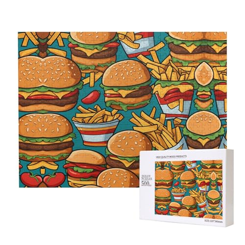 Niedliche Burger-Pommes-Frites-Puzzle, 500 Teile, Holzpuzzle für Familie, Freunde, Heimdekoration, Wandkunst, 20,4 x 38,1 cm von PHAYAH