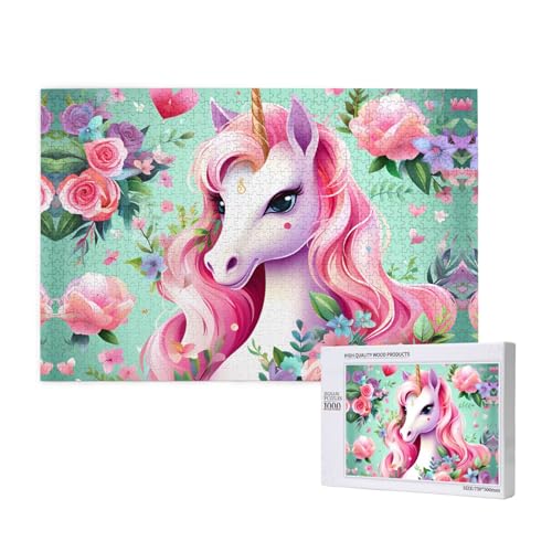 Pinkes Einhorn-Puzzle, 1000 Teile für Puzzle, Holzpuzzle für Familie, Freunde, Heimdekoration, Wandkunst, 29,5 x 50 cm von PHAYAH