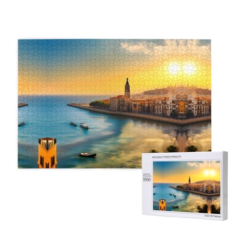 Puzzle Sonnenuntergang in Barcelona, 1000 Teile, Holzpuzzle für Familie, Freunde, Heimdekoration, Wandkunst, 29,5 x 50 cm von PHAYAH