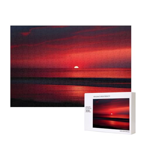 Roter Sonnenuntergang bei Dämmerung Puzzle, 300 Teile, Holzpuzzle für Familie, Freunde, Heimdekoration, Wandkunst, 300 Teile von PHAYAH