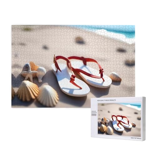 Sandalen am Strand, Puzzle, 1000 Teile, Holzpuzzle für Familie, Freunde, Heimdekoration, Wandkunst, 75 x 50 cm von PHAYAH