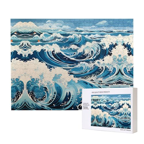 Ukiyo-E Stil Wellen Puzzles 500 Teile für Puzzle Holzpuzzle für Familie Freund Home Decor Wandkunst 20,4 x 38,1 cm von PHAYAH