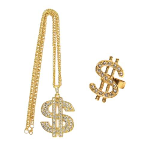 PHCOZY 2-teiliges Dollar Kette Ring Set 90er Jahre Outfit Herren Hip Hop Kostüm 80ziger 70er Jahre Accessoires Karneval Gangster Kostüm (Goldene) von PHCOZY