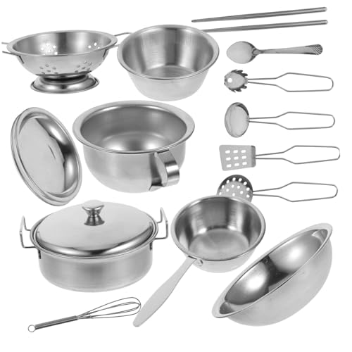 PHENOFICE 16 Teiliges Küchen Set Aus Edelstahl Kochutensilien Und Geschirr Für Rollenspiele Perfekt Für ädchen Und Jungen Für Fantasievolles Kochen Und Backen von PHENOFICE