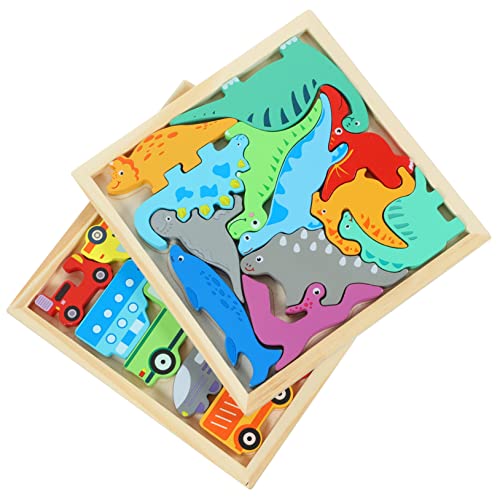 PHENOFICE 2er Set Holzpuzzle Für Kleinkinder Lernspielzeug Aus Mit Farbenfrohen Dinosauriern Und Fahrzeugen Pädagogisches Puzzle Für Ab 2 Jahren von PHENOFICE