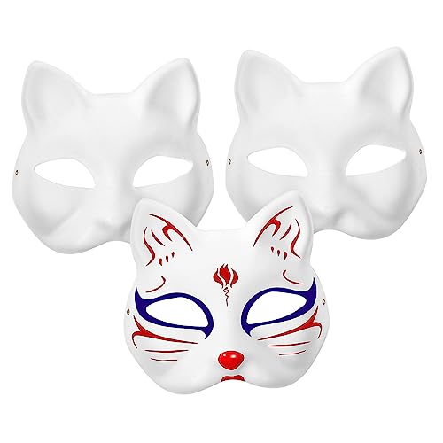 PHENOFICE 3 Stück Handbemalte Katzen Gesichtsmaske Leere Maske Zum Selbermachen Für Kindergarten Halloween Maskerade Und Cosplay Weißes Kostümzubehör von PHENOFICE