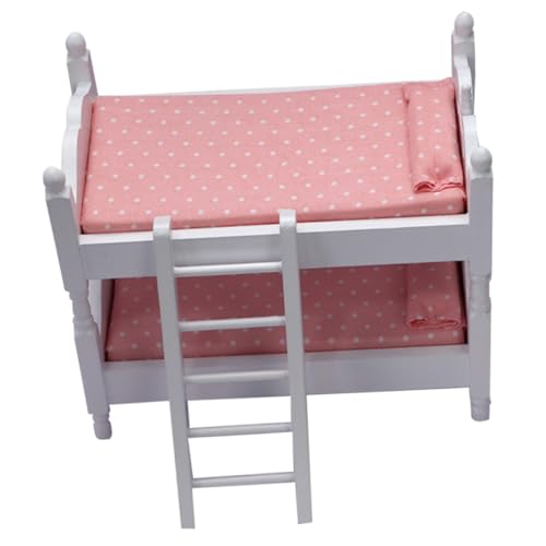 PHENOFICE Etagenbett Für Puppen Bettpuppen-minimodelle Puppenminibett Realistisches Schlafzimmerzubehör Puppenhaus-spielzeugmöbel Puppenhaus-hochbett Mini- -etagenbett-dekor Rosa Hölzern von PHENOFICE