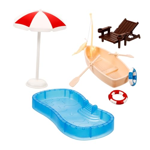 PHENOFICE Miniatur Puppenhaus Swimming Pool Set Mit Strandliege Und Boot Doll House Zubehör Für Kreative Spielwelten Ideal Für Miniatur Deko Und Gartenlandschaften von PHENOFICE