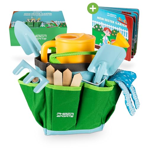 PHIBER-SPORTS Kinder Gartenwerkzeug Set (11 Teile) mit Kindergartenbuch - Gartengeräte für Kinder ab 3 Jahre, auch für Sand und Strand - Werkzeug aus Metall, Gießkanne, Gartenhandschuhe, Tasche von PHIBER-SPORTS