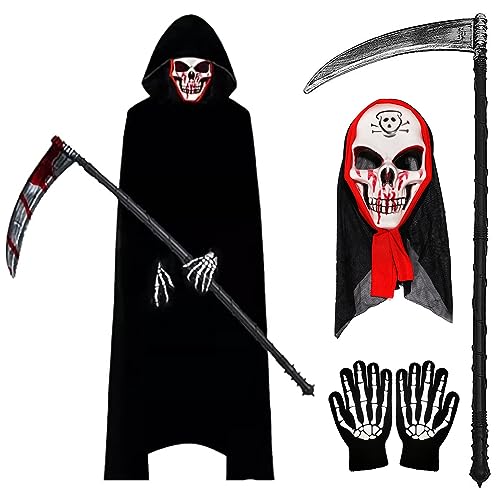PHIEZC Halloween-Kostüm, Halloween-Umhang, Halloween-Sense, Totenkopf-Handschuhe mit Totenkopf-Maske, Halloween-Kostüm für Erwachsene, geeignet für Halloween-Dekorationen, Cosplay, Karneval von PHIEZC