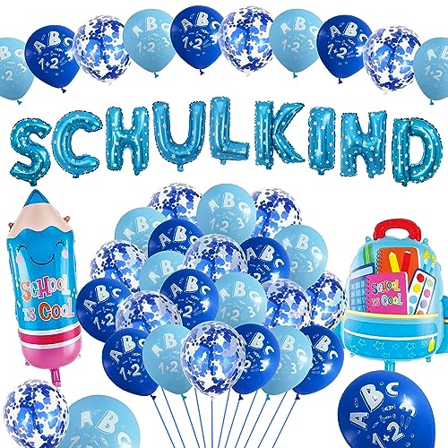 Einschulungsdeko für Jungen, Schuleröffnungsdeko-Set Jungen, Eingangsdeko Jungen, SCHULKIND blaues Banner + Schultüten-Folienballons + Bleistift-Folienballons + 24 ABC-Luftballons von PHIEZC