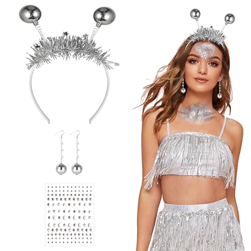 PHOGARY 4 PCS Alien Kostüm Accessoires Alien Haarreif Disco70S Ohrringe Discokugel Haarreif Damen für Karneval Fasching von PHOGARY