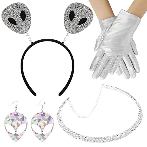 PHOGARY 4-teiliges Alien Kostüm Set, einschließlich Alien-Antennen-Stirnband Alien Ohrringe Halskette und Handschuhe für Frauen Mädchen Alien Partyzubehör Karneval Cosplay Kostüm verkleiden Zubehör von PHOGARY