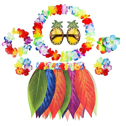 PHOGARY 7 Stück Hawaiian Flower Leaf Hula Rock Kostüm Zubehör Kit, Hawaiian Hula Gras Rock Set, Luau Outfits für Frauen Mädchen Erwachsene, Hawaii Luau Party Rock Regenbogen von PHOGARY