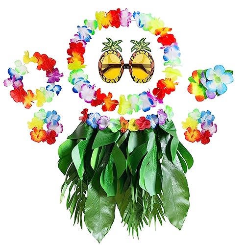 PHOGARY Damen Hawaii Kostüm Set mit 7 Teilen: Hula Rock, Blumenkette, Blume-Armbänder, Haarblume, Ananas-Sonnenbrille für Hawaii Party von PHOGARY