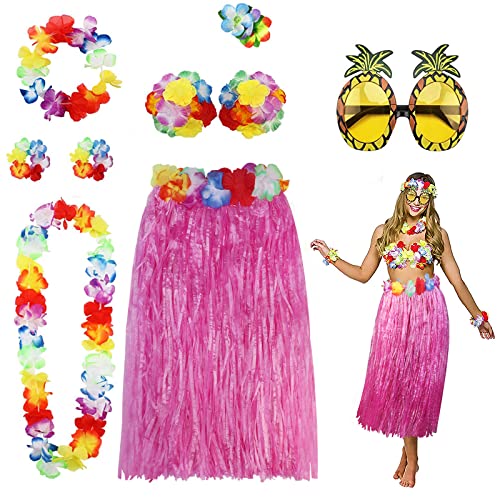 PHOGARY 8 Pack Hula Rock Kostüm Kit für Hawaii Luau Party – Tanzender Hula mit Blumen-Bikinioberteil, Hawaii-Lei, Hibiskus-Haarspange, Ananas-Sonnenbrille für Frauen (Rosa) von PHOGARY