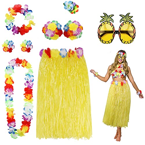 PHOGARY 8 Pack Hula Rock Kostüm Zubehör Kit für Hawaii Luau Party - Tanzen Hula mit Blumen Bikini Top, Hawaii Lei, Hibiskus Haarspange, Ananas Sonnenbrille für Frauen (Gelb) von PHOGARY