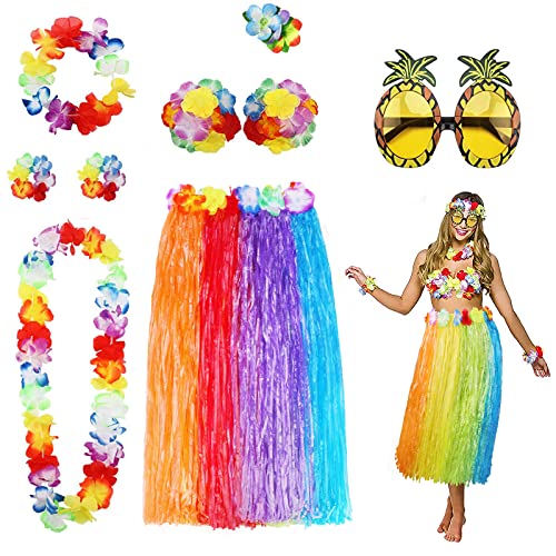 PHOGARY 8 Pack Hula Rock Kostüm Zubehör Kit für Hawaii Luau Party - Tanzen Hula mit Blumen Bikini Top, Hawaii Lei, Hibiskus Haarspange, Ananas Sonnenbrille für Frauen (Regenbogen) von PHOGARY