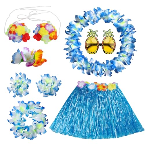 PHOGARY 8 Stücke Hawaii Kostüme Set, Hawaii Outfit Mädchen Hula Kostüm Hawaiian Leis Grasblatt Set mit Hula Rock, Blumenkette, Blume-Armbänder, Haarblume für Beachparty Deko Kinder, Blau von PHOGARY