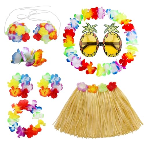 PHOGARY 8 Stücke Hawaii Kostüme Set, Hawaii Outfit Mädchen Hula Kostüm Hawaiian Leis Grasblatt Set mit Hula Rock, Blumenkette, Blume-Armbänder, Haarblume für Beachparty Deko Kinder, Gelb von PHOGARY