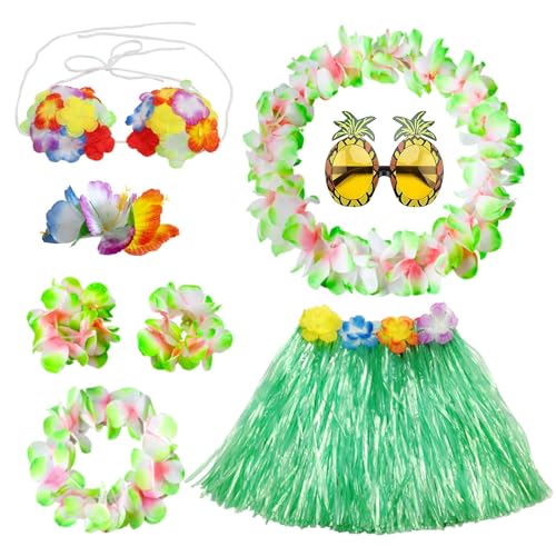 PHOGARY 8 Stücke Hawaii Kostüme Set, Hawaii Outfit Mädchen Hula Kostüm Hawaiian Leis Grasblatt Set mit Hula Rock, Blumenkette, Blume-Armbänder, Haarblume für Beachparty Deko Kinder, Grün von PHOGARY