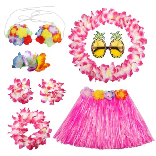 PHOGARY 8 Stücke Hawaii Kostüme Set, Hawaii Outfit Mädchen Hula Kostüm Hawaiian Leis Grasblatt Set mit Hula Rock, Blumenkette, Blume-Armbänder, Haarblume für Beachparty Deko Kinder, Rosa von PHOGARY