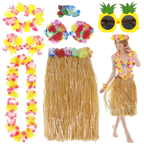 PHOGARY 8 Stücke Hawaii Mottoparty Kostüme Set, Hula Rock (60 cm), Blumenkette, Blume-Armbänder, Blumen-BH, Haarblume, Ananas-Sonnenbrille für Tikiparty Beachparty Deko von PHOGARY