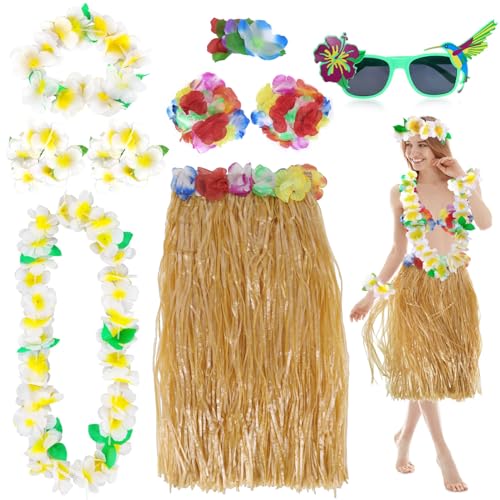 PHOGARY 8 Stücke Hawaii Mottoparty Kostüme Set, Hula Rock (60 cm), Blumenkette, Blume-Armbänder, Blumen-BH, Haarblume, Papagei-Sonnenbrille für Tikiparty Beachparty Deko von PHOGARY