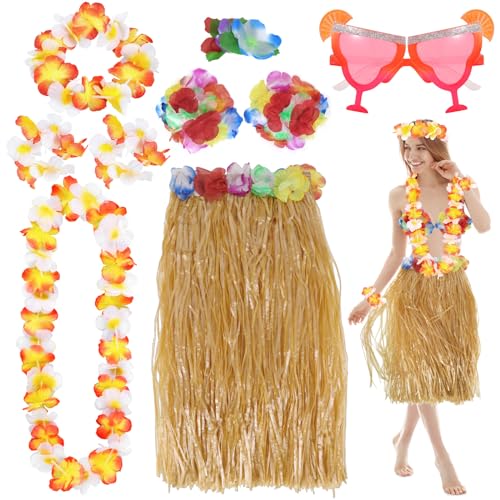 PHOGARY 8 Stücke Hawaii Mottoparty Kostüme Set, Hula Rock (80 cm), Blumenkette, Blume-Armbänder, Blumen-BH, Haarblume, Cocktail-Sonnenbrille für Tikiparty Beachparty Deko von PHOGARY