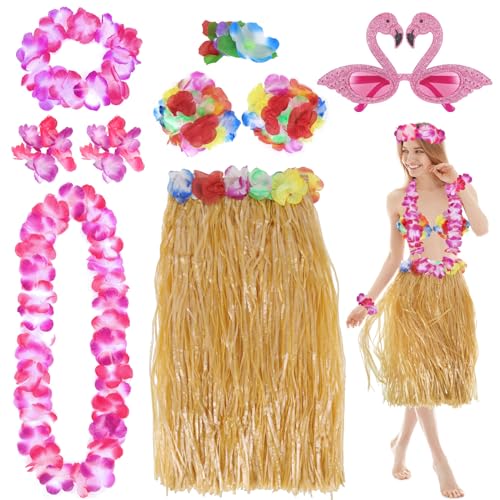 PHOGARY 8 Stücke Hawaii Mottoparty Kostüme Set, Hula Rock (80 cm), Blumenkette, Blume-Armbänder, Blumen-BH, Haarblume, Flamingo-Sonnenbrille für Tikiparty Beachparty Deko von PHOGARY