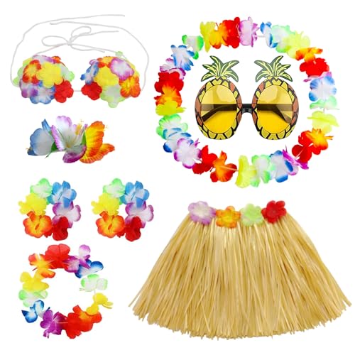 PHOGARY 8-teiliges Hula-Rock-Kostüm-Zubehör-Set, Luau-Party-Verkleidung für Mädchen, hawaiianischer Hula-Tanzrock-Set mit Blumen-Bikinioberteil, Hawaii-Lei, Hibiskus-Haarspange, Ananas-Sonnenbrille, von PHOGARY