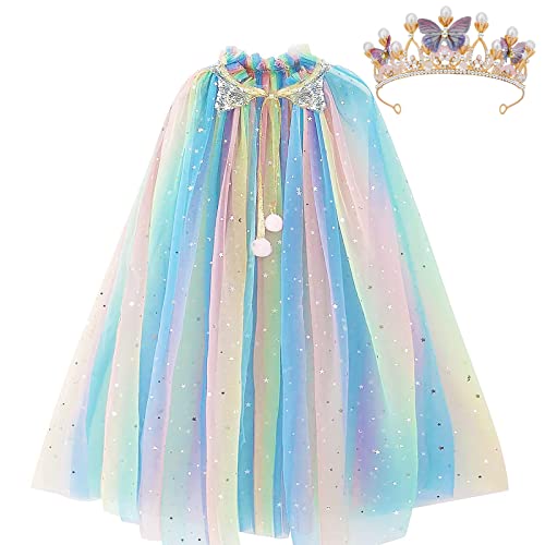 PHOGARY Kinder Umhang Prinzessin Bunt Cape mit Prinzessin Crown Tiara, Tüll Umhang Glitzer Pailletten Cape Prinzessin Halloween Kostüm Umhang Prinzessin Party Outfits Cosplay Geschenk für Mädchen von PHOGARY