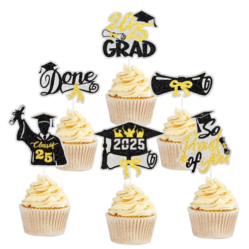 Cupcake-Aufsätze zum Schulabschluss 2025, Schwarz und Gold, Glitzer, Klasse 2025, Diplom Done Grad, Cupcake-Picks, "So Proud of You", Kuchendekorationen für Abschlussfeier 2025, Partyzubehör von PHOHUI HAVE A NICE TIME