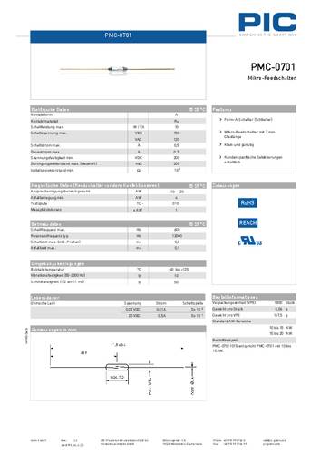 PIC PMC-0701 Reed-Kontakt 1 Schließer 150 V/DC, 120 V/AC 0.5A 10W von PIC