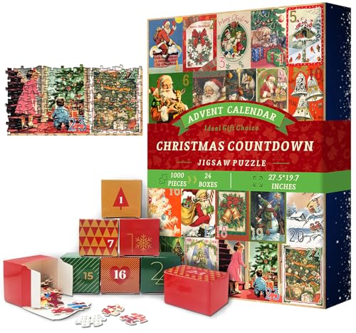 Adventskalender 2024 Puzzles für Erwachsene 1000 Teile, PICKFORU Weihnachtspuzzle Countdown Kalender 24 Tage, Xmas Jigsaw Puzzle als Geschenk von PICKFORU