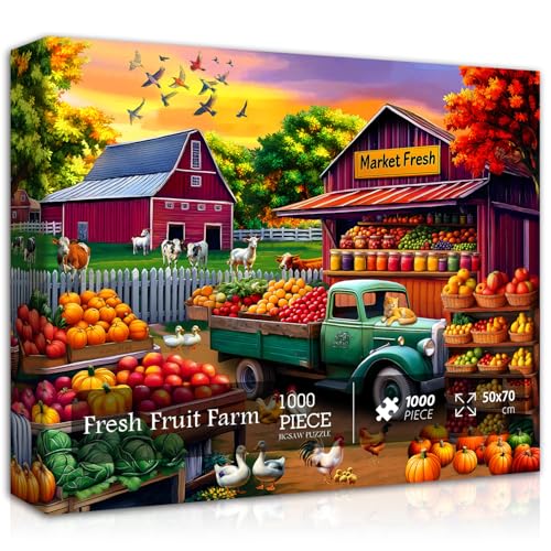 Bauernhof Puzzle Puzzles für Erwachsene 1000 Teile, Landmarkt Herbst Puzzle Sammelt Obst Gemüse Huhn, Herbst Natur Jigsaw Puzzle Scenic, Kuh Vogel Katze Scheune Puzzle Herausfordernd von PICKFORU