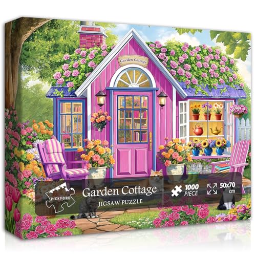 Blumengarten-Puzzles für Erwachsene, 1000 Teile, Natur-Frühlingsblumenkatzen-Puzzle, Gartenpflanze, Blumen-Puzzle, Kätzchen, buntes Bauernhaus-Garten-Puzzle von PICKFORU